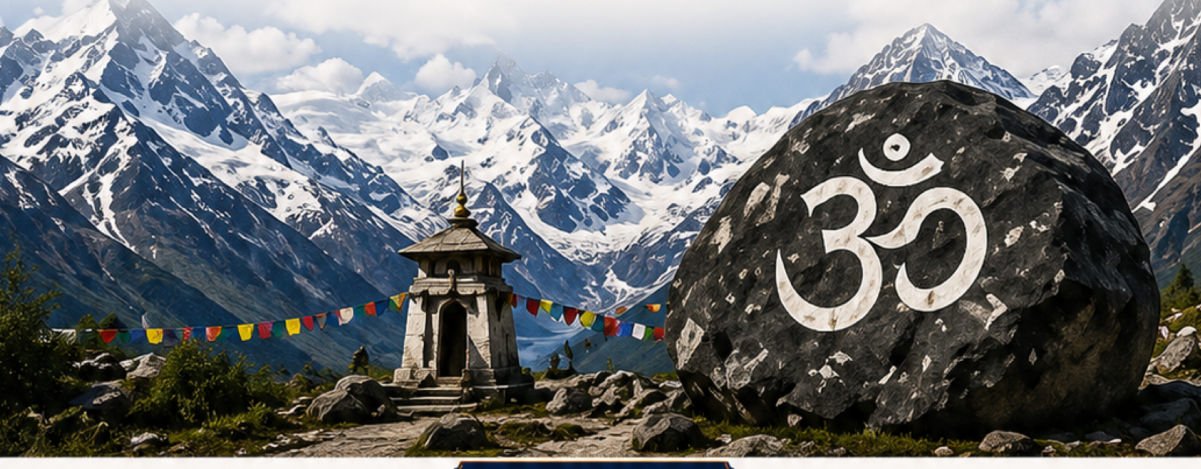 Adi Kailash Yatra 2026 - Om Parvat rock with Om symbol and Himalayan snow peaks at Nabidang