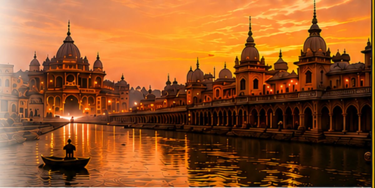 Kashi Yatra 2026 - Ayodhya ghats at sunset on the Sarayu river with lamps and a boat