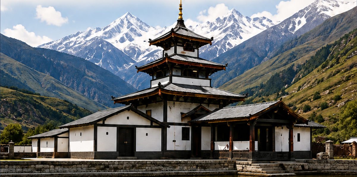 Muktinath Yatra via Varanasi - Muktinath Temple in Nepal with snow capped Himalayan peaks