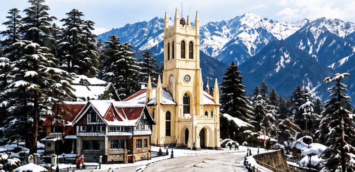 Shimla Manali tour - Christ Church Shimla in snow with Himalayan mountains behind