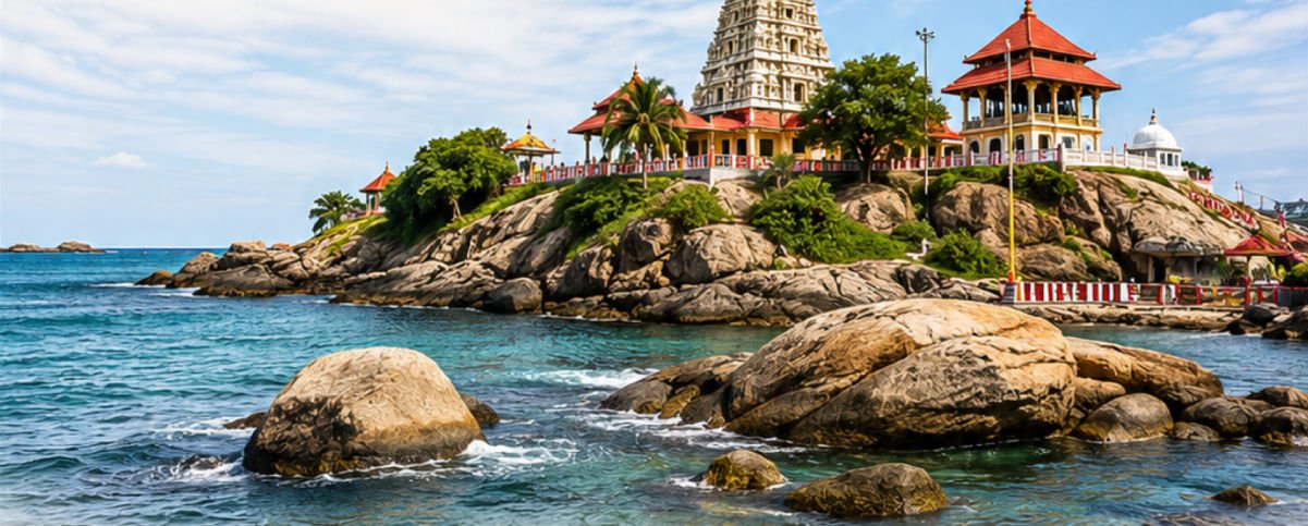 Sri Lanka Yatra - Koneswaram Temple at Trincomalee on the rocky coast with blue sea